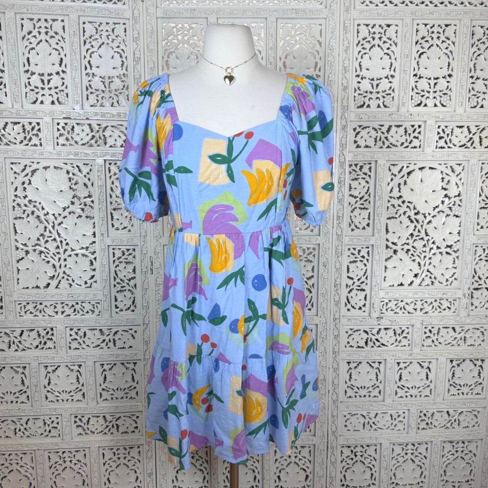 Light Blue Fruit Theme Dress Sz‎ S/M Puff Sleeve Tiered Coquette Feminine